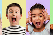 Collage made of portraits of little cute kids, boys and girls isolated ...