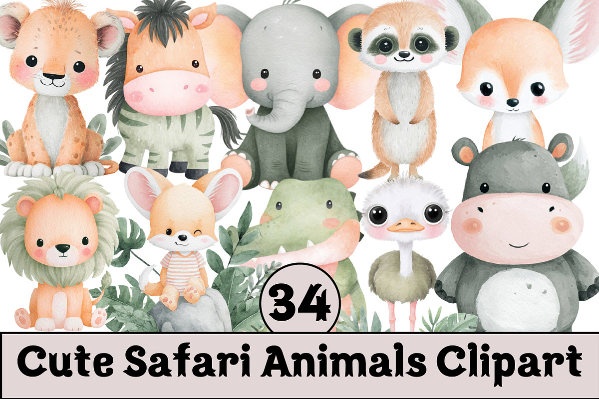 Cute Safari Animals Clipart, an Illustration by Design Market (Photo 1 of 4)