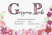 Gorgeous pinks watercolor design set, a Work Illustration by fashionaddict (Thumbnail 1 of 11)