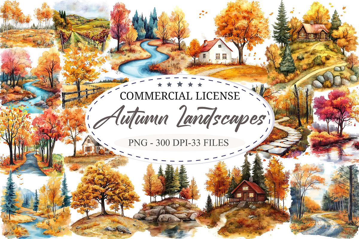 Watercolor Autumn Landscapes, a Seasonal Illustration by designcity5 (Photo 1 of 5)
