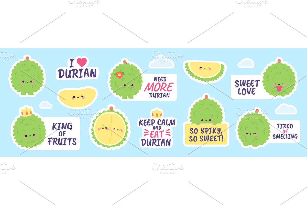 Durian fruit characters. Funny, a Food Illustration by LadadikArt