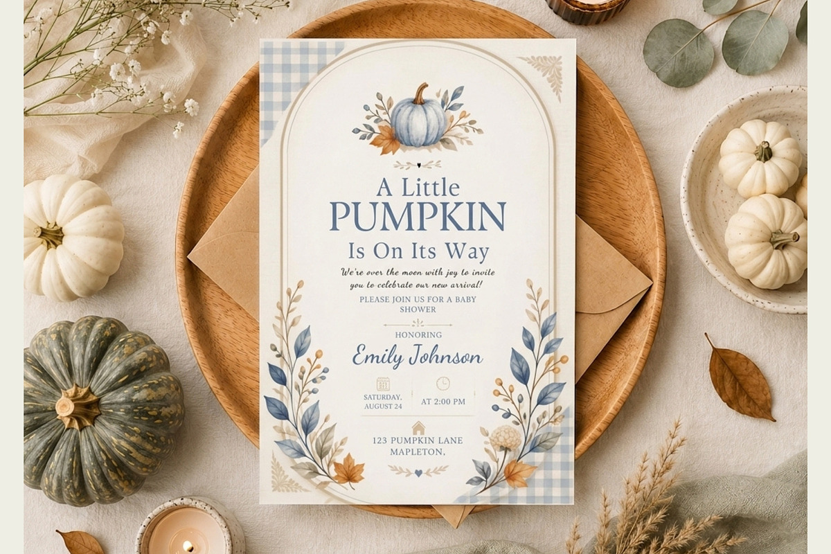 Blue Pumpkin Baby Shower Invitation, an Invitation Template by FakhiiDesigns (Photo 3 of 5)