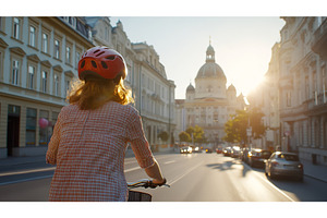 Female Cyclist Riding Through Sunlit, an Architecture Photo by Lermont51