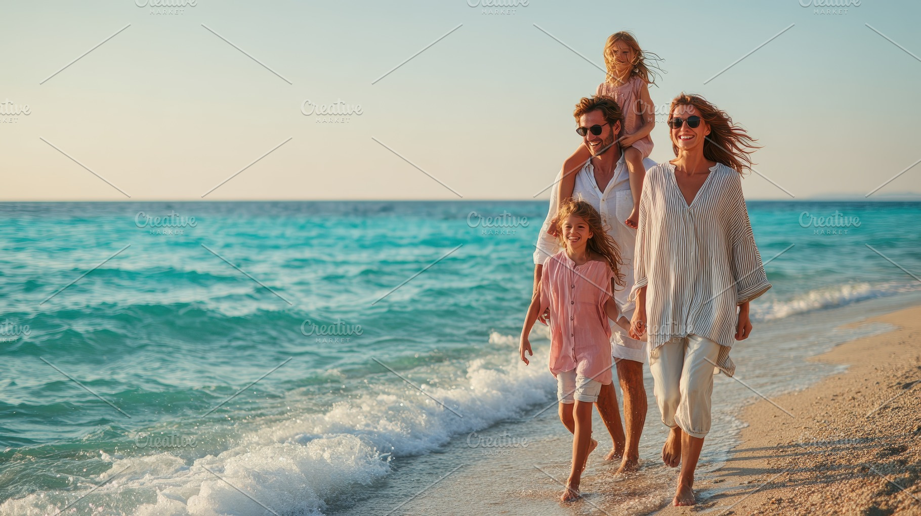 Happy family beach vacation sunset w, a Photo by Pixeness Studio