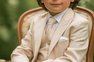 Young boy sitting in a suit, hands clasped, capturing elegance,, a Person Photo by Studio ANNA