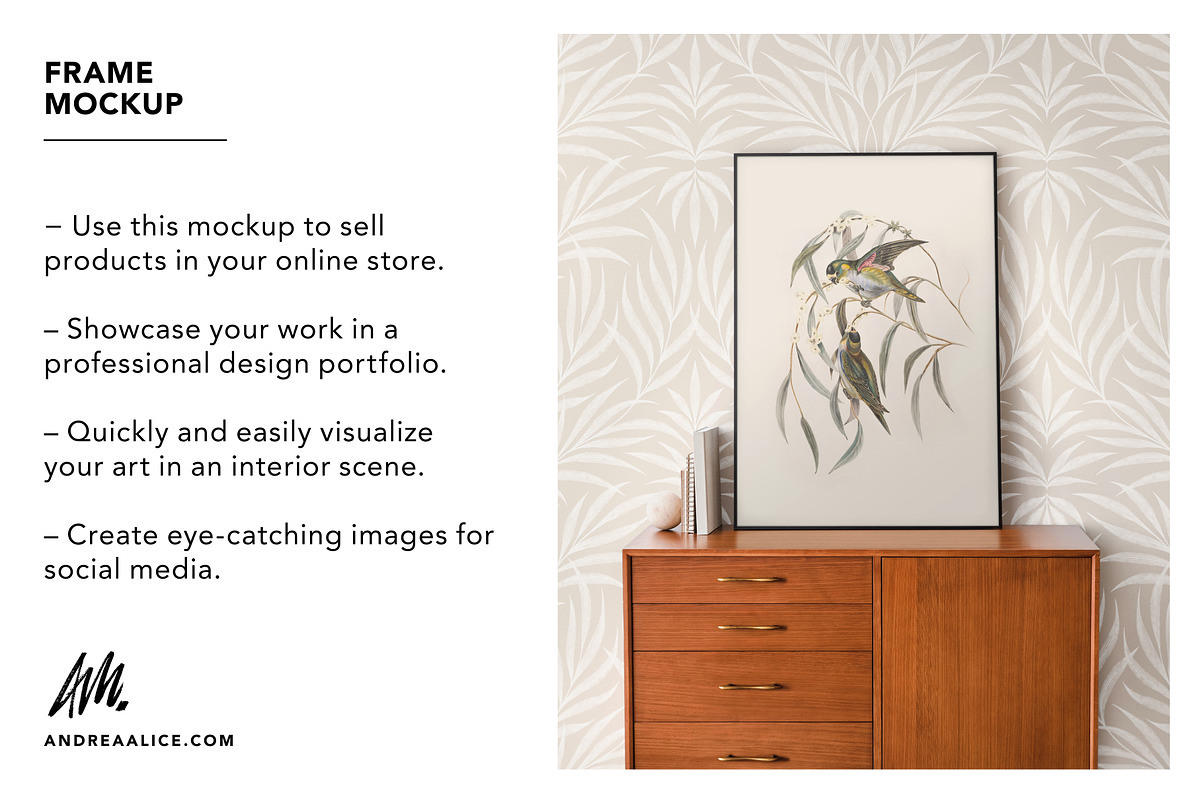 Framed Art Mockup on wood sideboard, a Household Mockup by Andrea Muller (Photo 3 of 6)