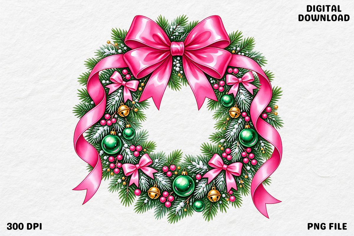 Pink Coquette Christmas Wreath PNG, an Object Graphic by Zahyl Studio (Photo 1 of 7)