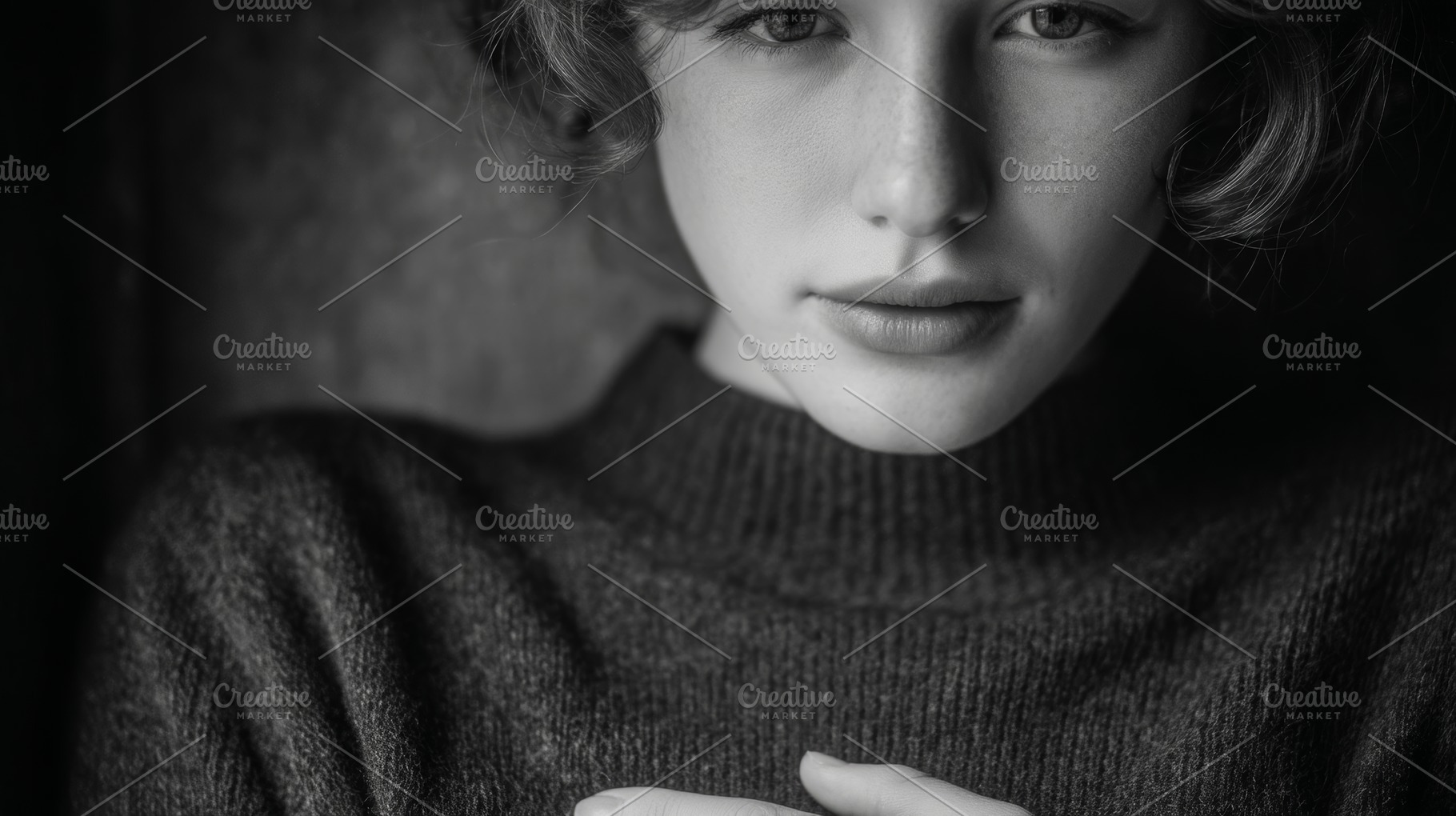 Black and white portrait of a serene woman in soft lighting indoors, a Photo by AS photostudio