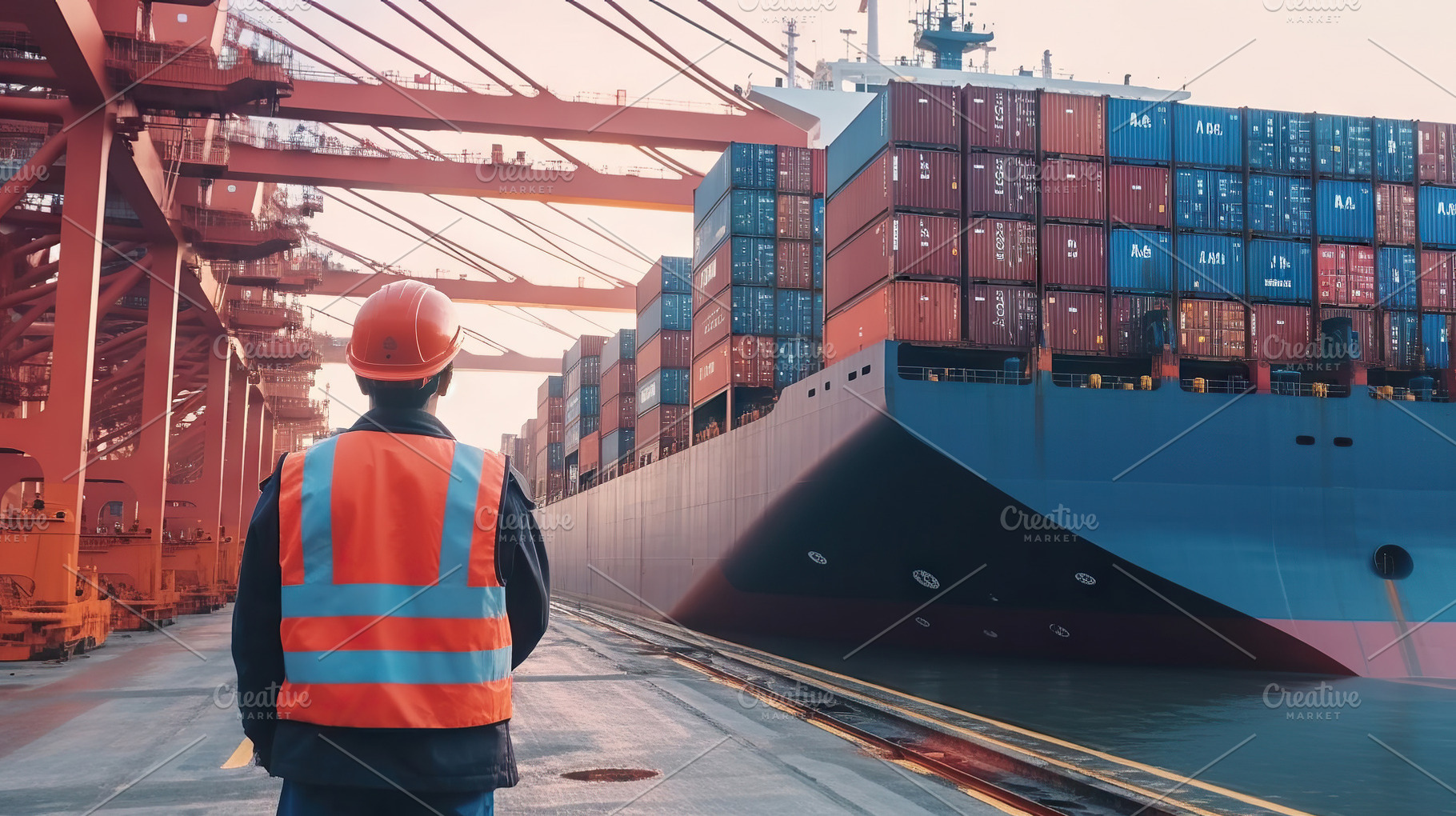 Portrait of a male engineer standing in front of a container car, an Industrial Photo by AS photostudio