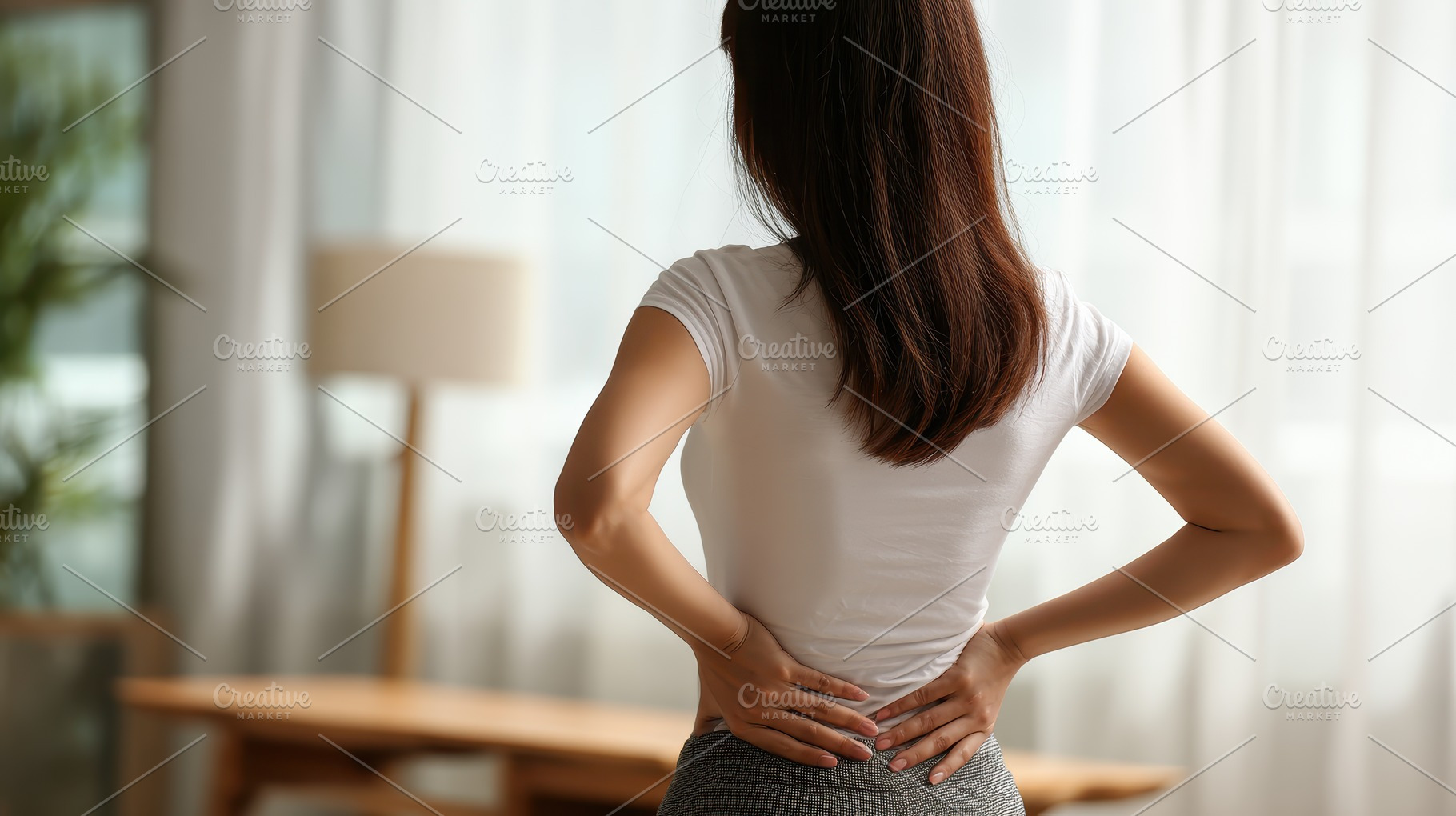Woman experiencing lower back pain h, a Photo by Pixeness Studio
