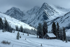 Snowy Mountain Cabin Winter Wonderla, a Photo by Pixeness Studio