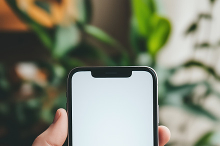 A person holding a smartphone iPhone mockup with a blank screen, surrounded by, an iPhone Mockup by Textures & Backgrounds