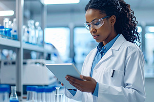 Scientist working with a tablet while examining test tubes, an Industrial Photo by DanFLCreativo