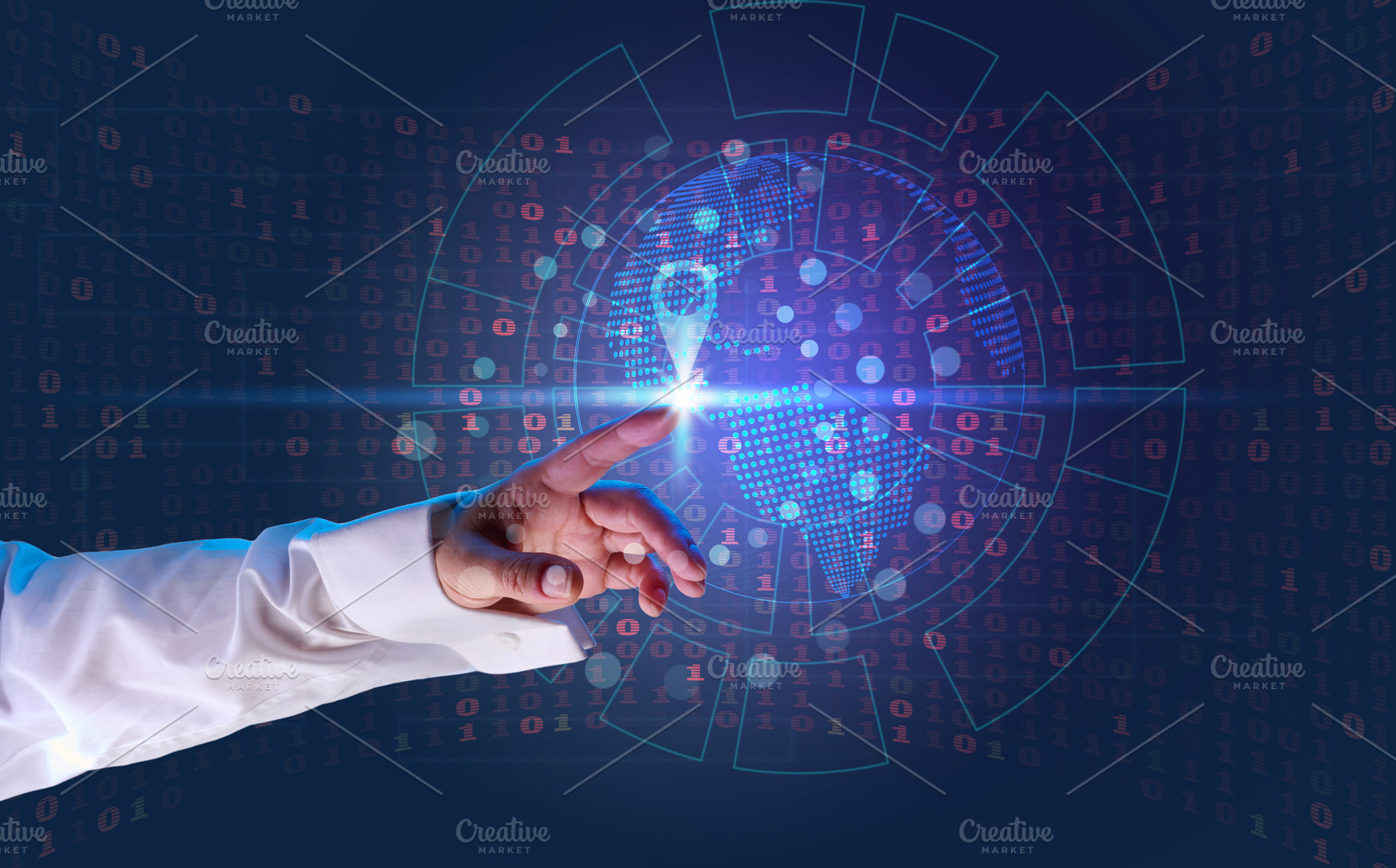 hand on the background of binary code on a virtual screen, a Technology Photo by ndanko