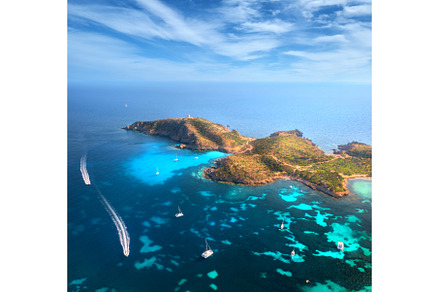 Aerial view of island, sea bay with, a Nature Photo by den-belitsky