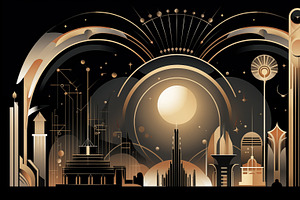 A Stylized Art Deco Cityscape Featuring Geometric Shapes, Arches, And A Large C