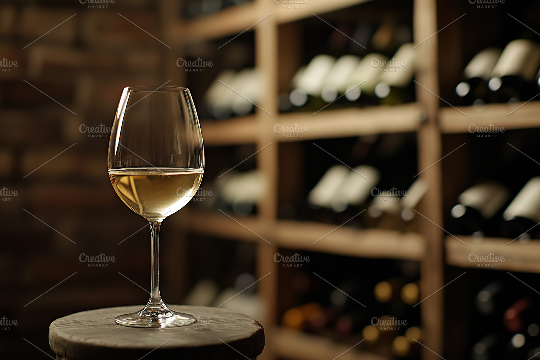Glass of white wine on table in cellar, a Food & Drink Photo by AlyaAnd