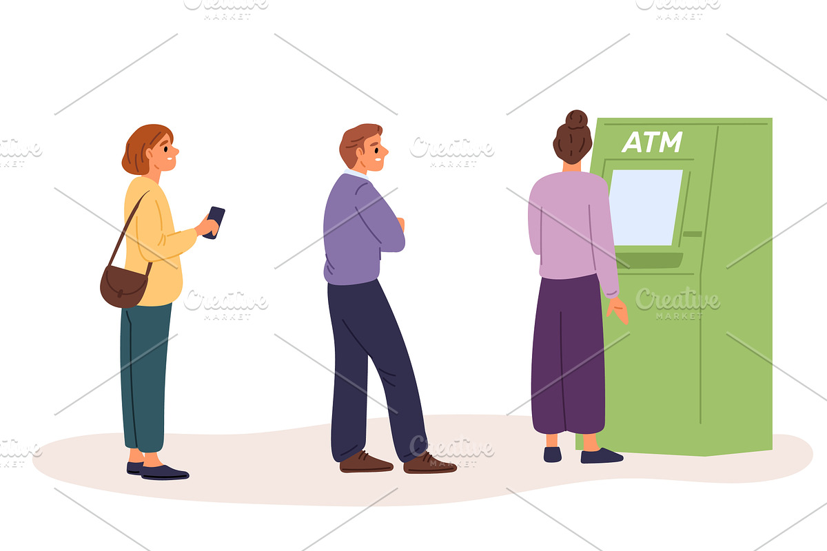 People queue up at ATM to get cash, a Finance Illustration by Vectorbuum