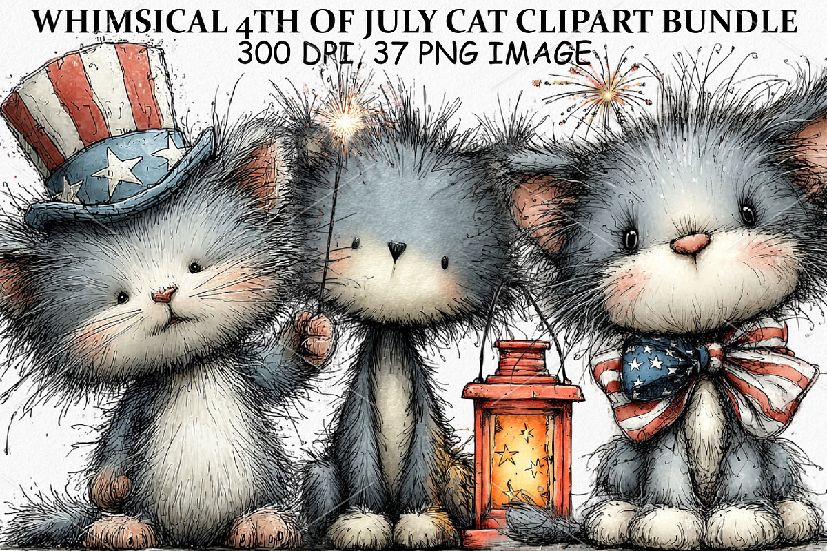 Whimsical 4th of July Cat Clipart, a Seasonal Illustration by Canvas Craft (Photo 1 of 7)