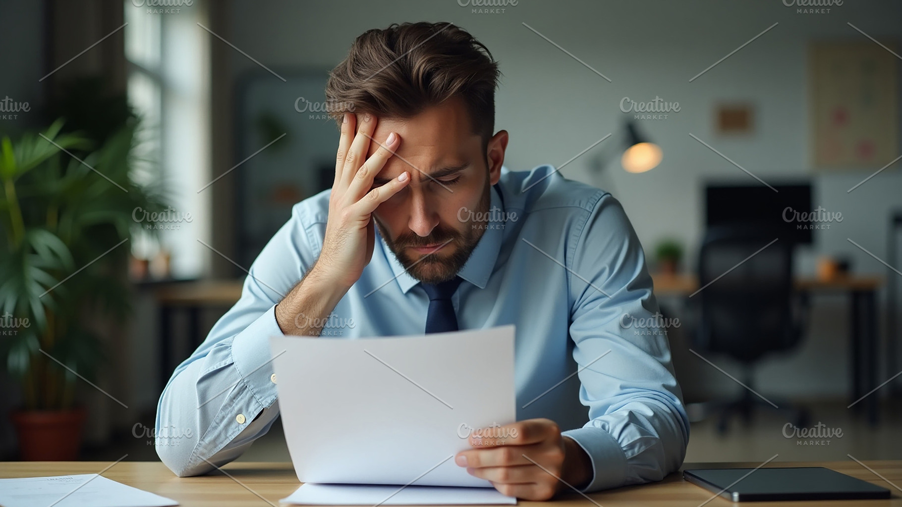 Stressed Businessman reviewing Doc, a Business Photo by Stock Shape