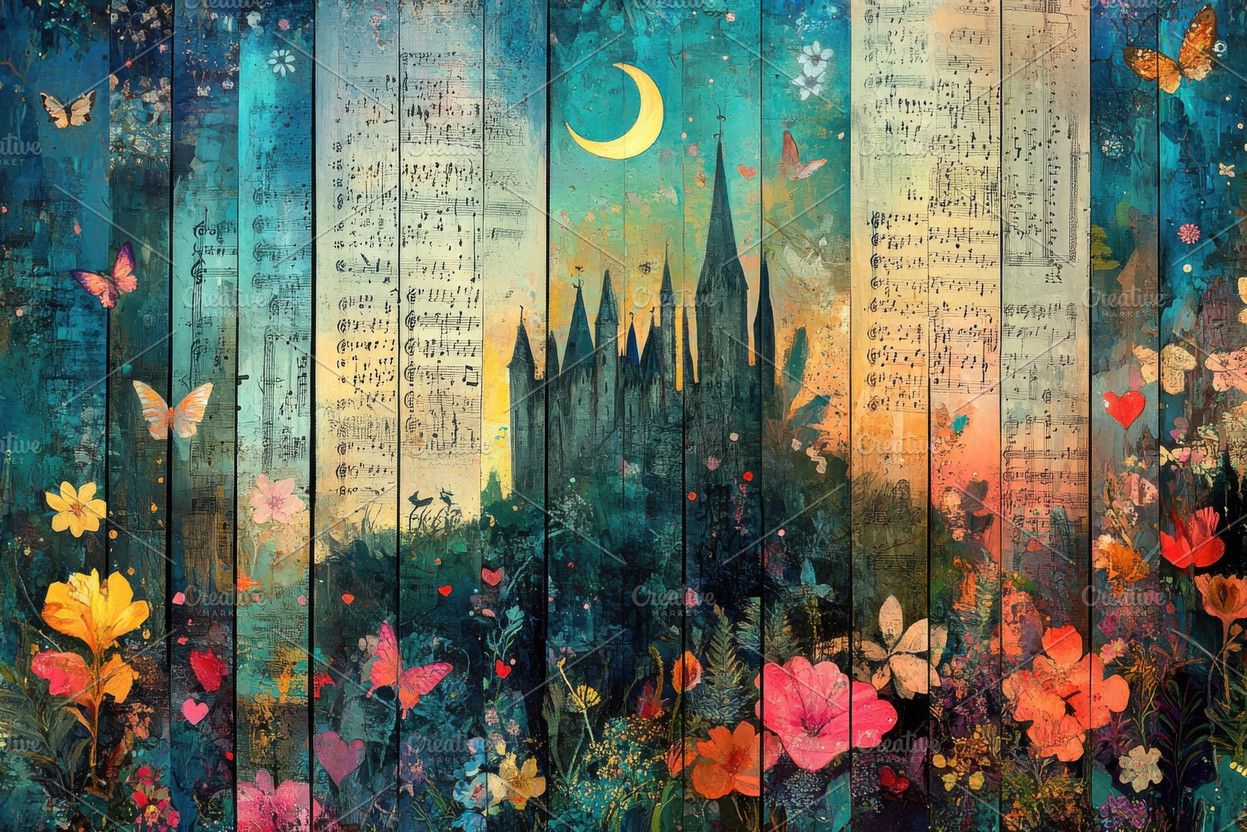 Enchanting castle scene with flowers, an Abstract Photo by Pixeness Studio
