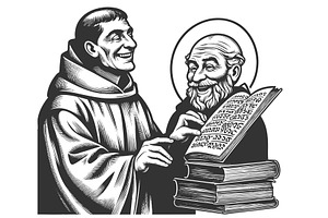 Medieval monks reading illuminated, an Illustration by AlexArt