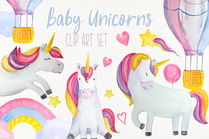 Baby Unicorns Watercolor Clip Arts