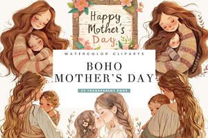 Boho Mothers Day Clipart Bundle, a Person Illustration by BusyDaydesign