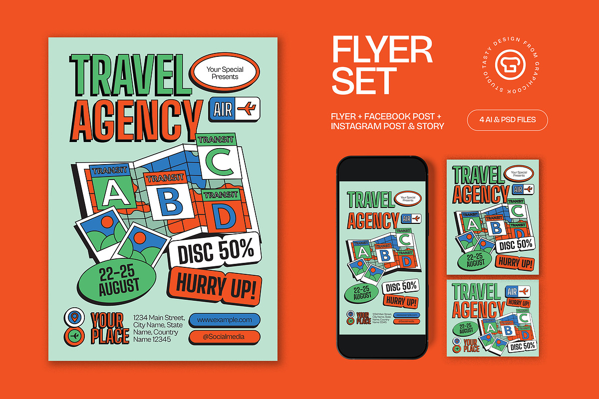 Green Quirky Travel Agency Flyer Set, a Flyer Template by graphicook (Photo 1 of 3)