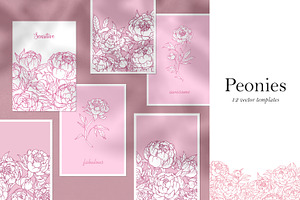 Peony Flowers, Cards Backgrounds Set