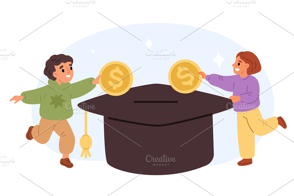 Boy and girl save money to pay for, an Education Illustration by Vectorbuum