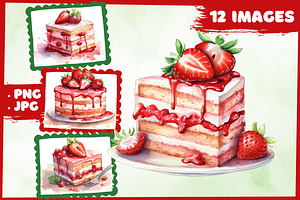Strawberry Cake Watercolor Clip Art