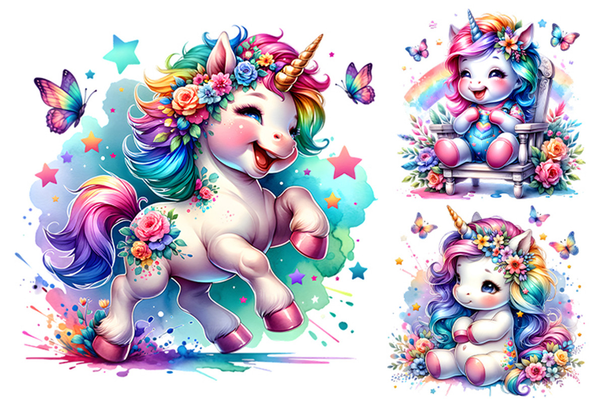 Watercolor Cute Unicorn Clipart PNG, an Animal Illustration by Creative Arslan (Photo 3 of 9)