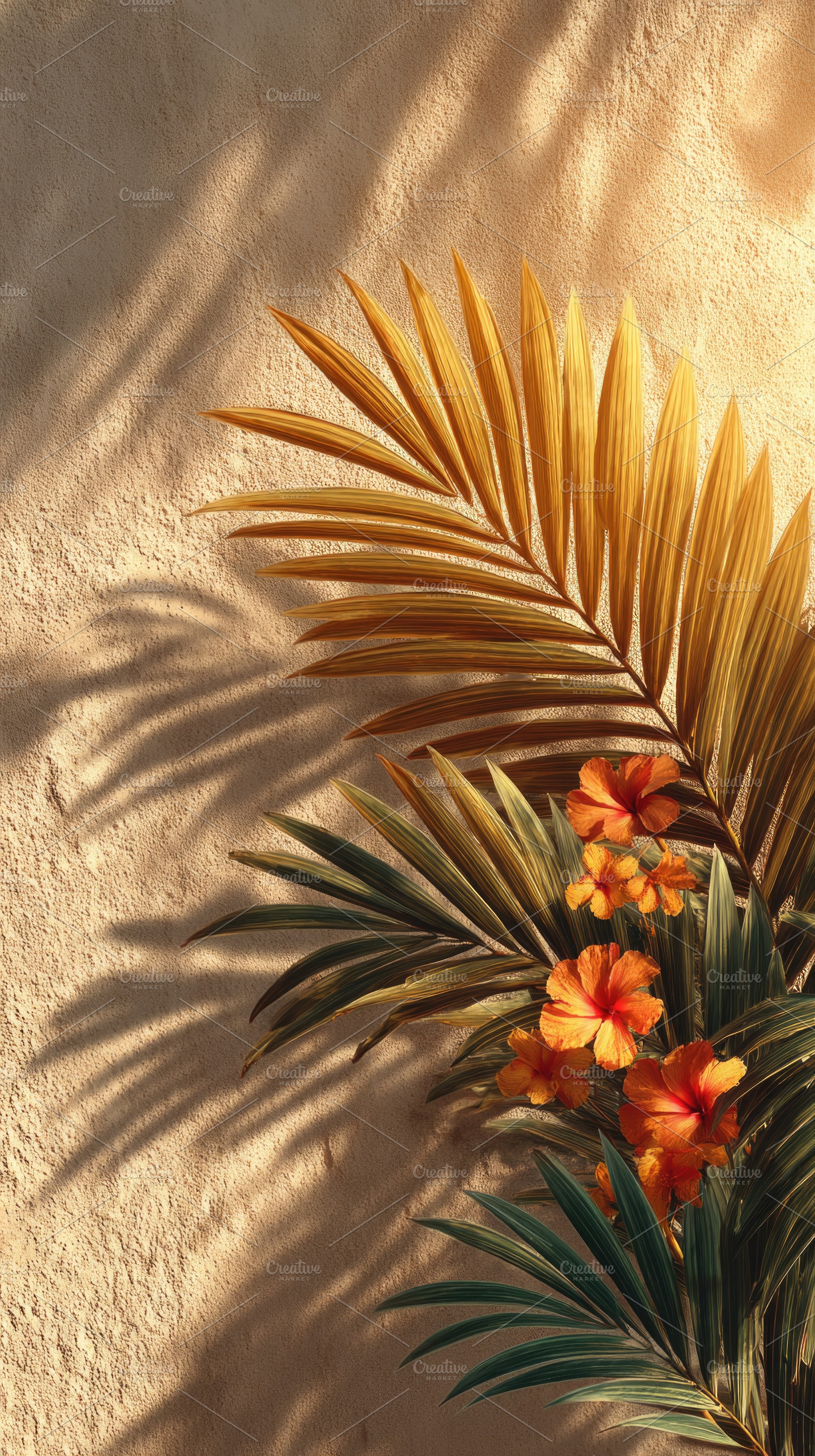 Tropical palm leaves and hibiscus flowers with warm sunlight sha, a Beauty & Fashion Photo by José Manuel Gelpi