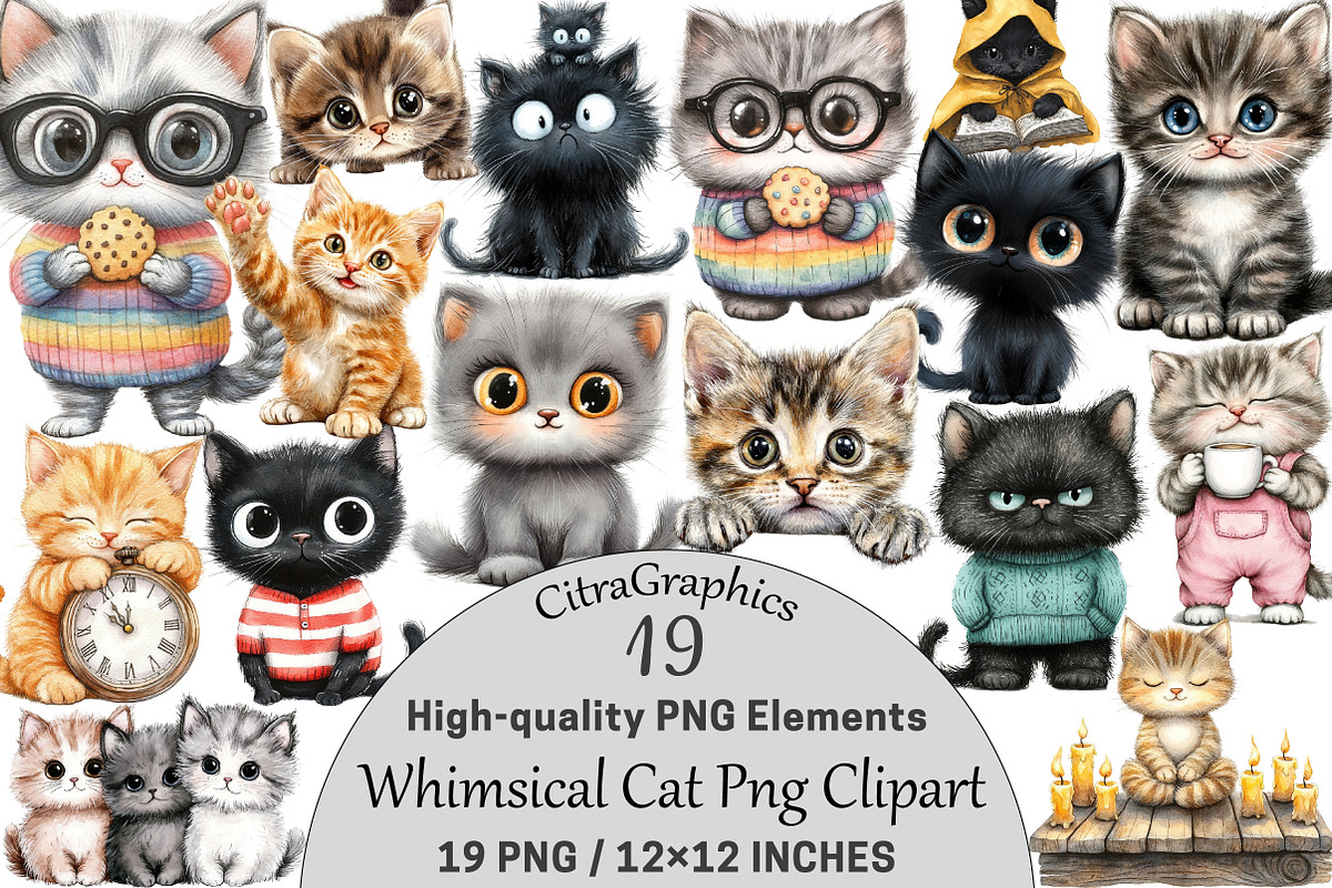 Watercolor Whimsical Cat Clipart, a Seasonal Illustration by CitraGraphics (Photo 1 of 5)
