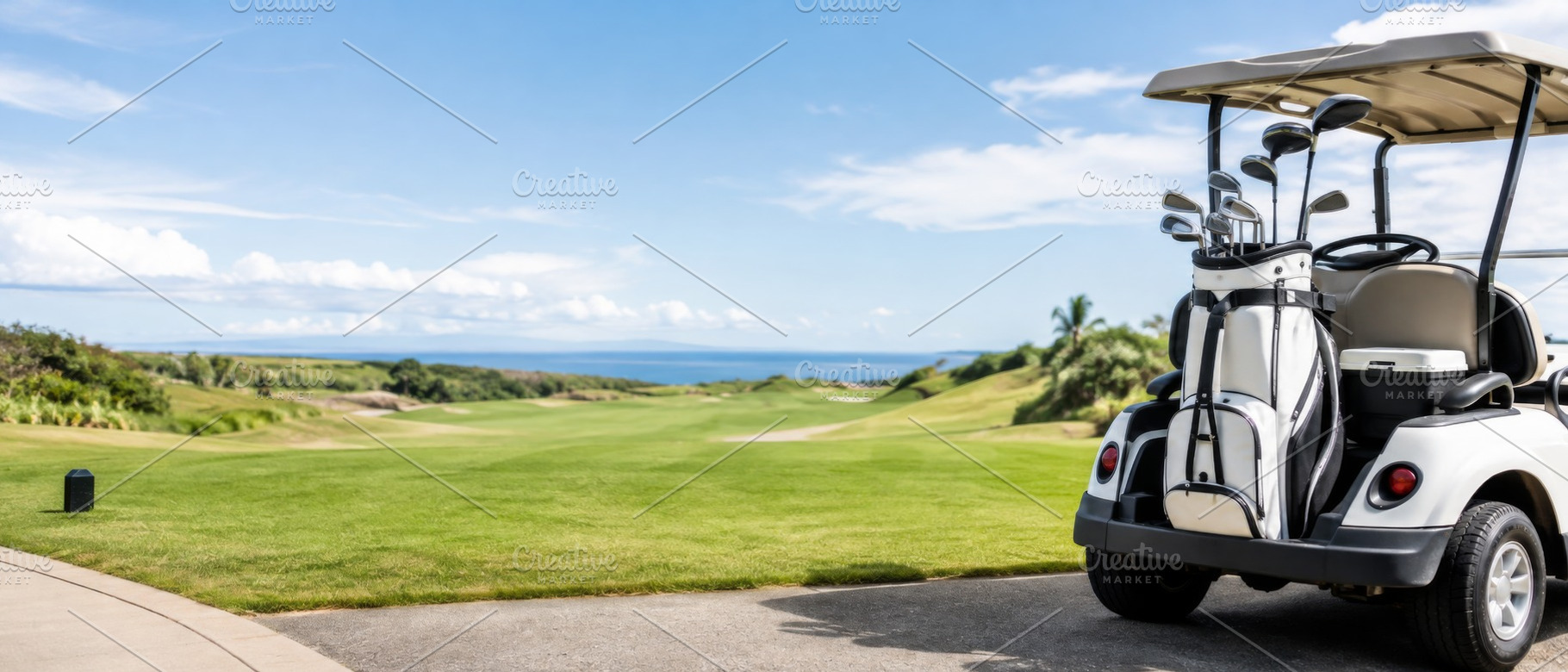 Golf course with golf cart on sunny, a Photo by Dvoevnore photos