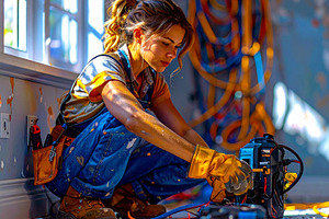 Young electrician installing electrical wiring and wall outlets, a Photo by DanFLCreativo