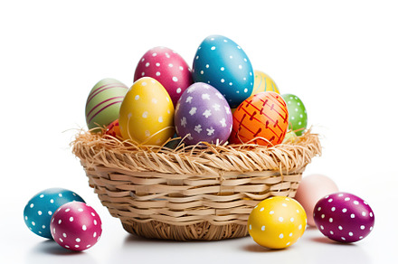 Basket with colorful easter eggs isolated on white background, a Holiday Photo by AlyaAnd