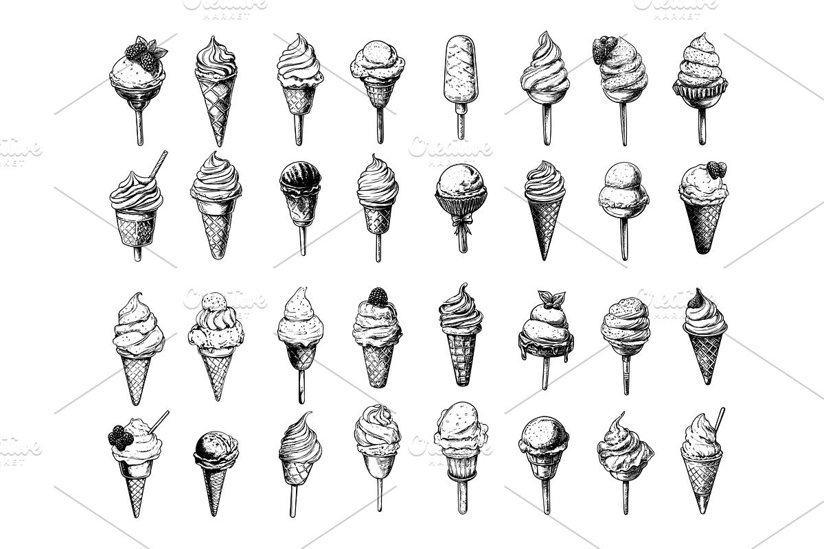 Ice cream engraving vector set, a Food Illustration by Onyx