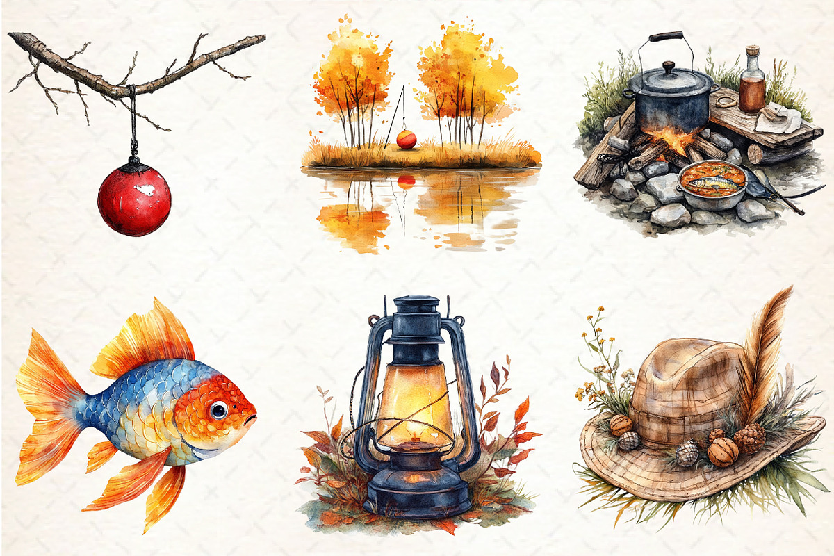 Watercolor Fall Fishing Clipart, an Illustration by Libby Wishes (Photo 2 of 7)