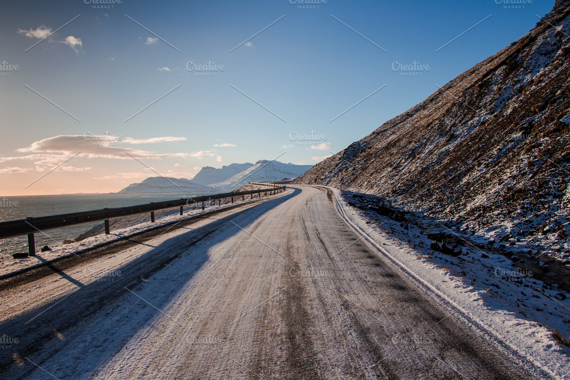 Icy road containing adventure, atlantic, and background, a Transportation Photo by Travel_photos