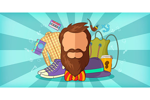 Hipster Man Horizontal Banner Blue