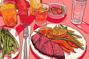 Colorful dinner table with steak, a Food & Drink Photo by MistyDay