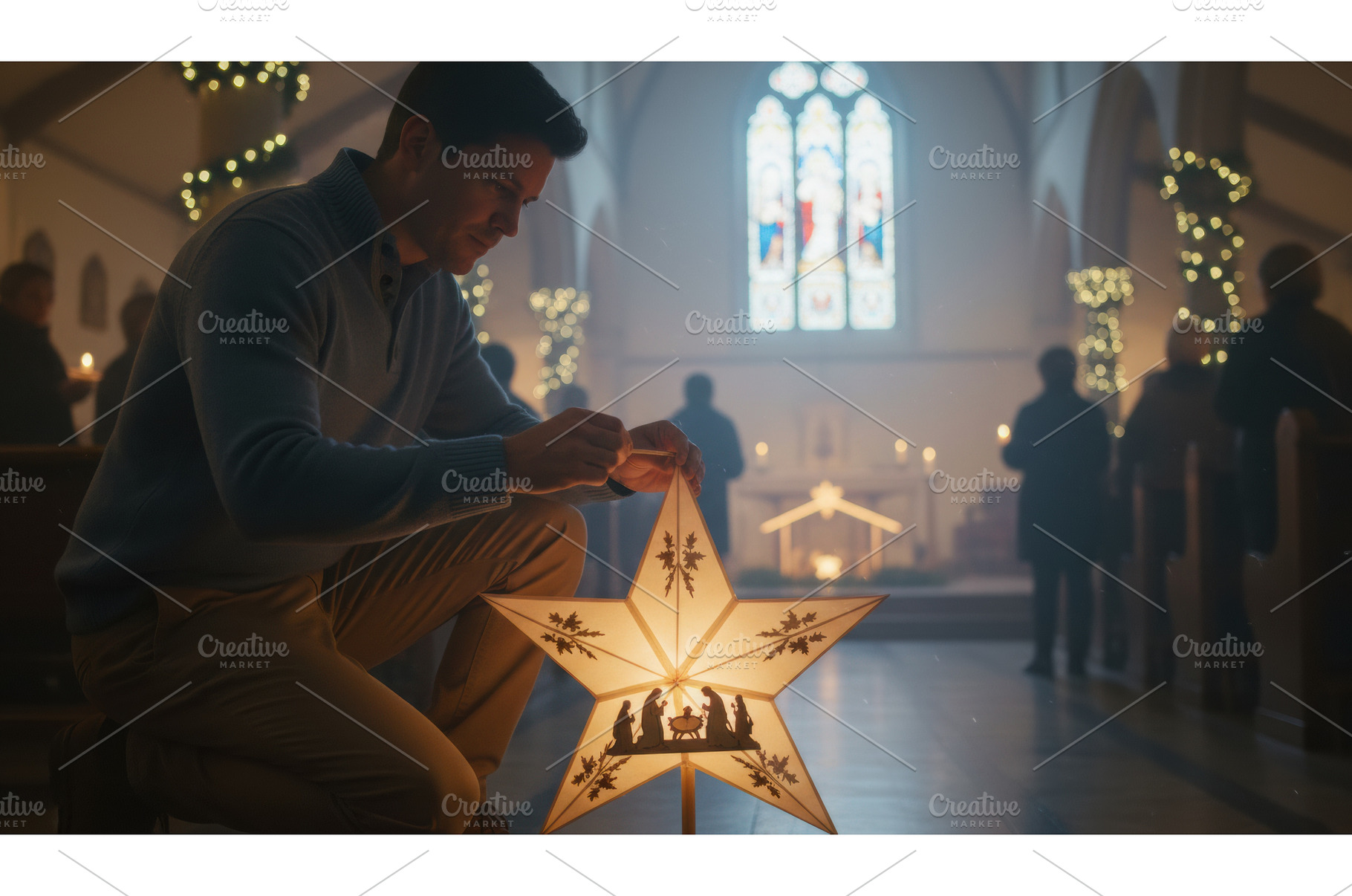Man kneeling in church illuminates, a Holiday Photo by Igor Tichonow