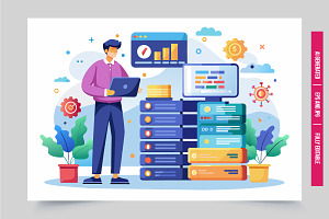 Man laptop with server racks, an Illustration by Tanuart