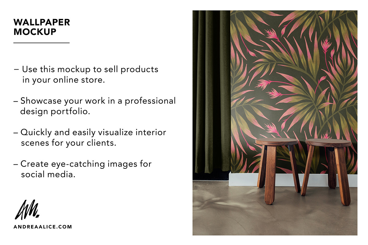 Wallpaper Mockup with wooden stools, a Household Mockup by Andrea Muller (Photo 3 of 6)
