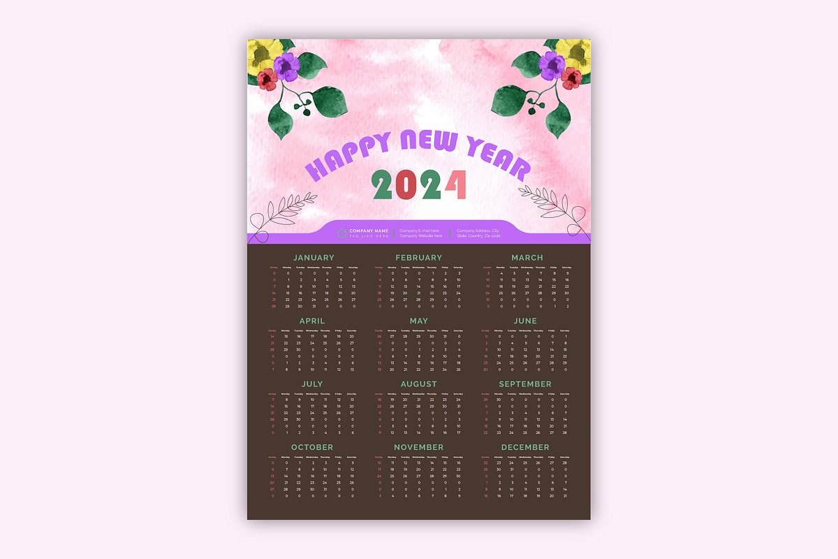 One-Page Wall Calendar 2024 Design, a Stationery Template by Annudesign (Photo 4 of 7)