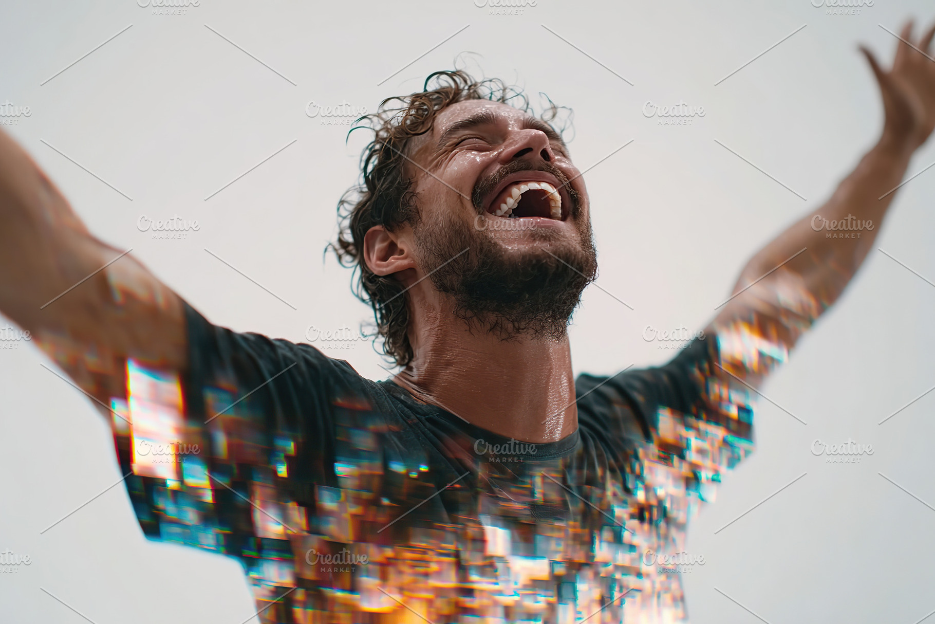 Man expresses joy and celebration outdoors with arms wide open during sunny day, a Photo by AlyaAnd