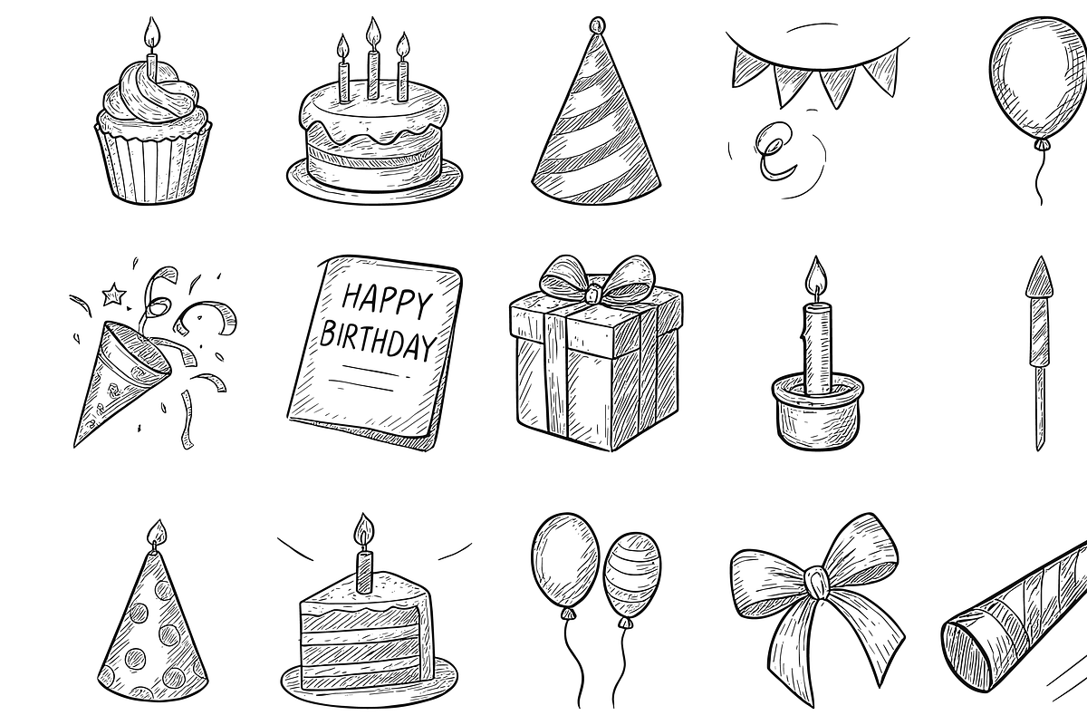 Sketchy Birthday Party Icon Set, an Object Graphic by nikagraphic (Photo 1 of 3)