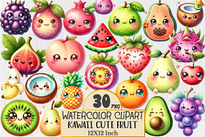 Kawaii Cute Fruit Clipart Bundle, a Seasonal Illustration by Rose Art